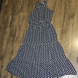 Magnolia Boutique Navy Floral  Halter Neck Maxi Dress Sleeveless Medium Ruffle